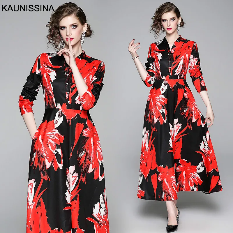 

KAUNISSINA Elegant Long Autumn Dress Party Gown Floral Printed Maxi Cocktail Dress Ladies Long Sleeve V-neck High Waist Dresses