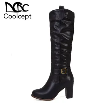 

CoolCept Plus Size 33-48 Women Knee High Boots Retro Slip On Work Shoes Woman Sexy Ladies Daily Motorcycle Boots Female Botas