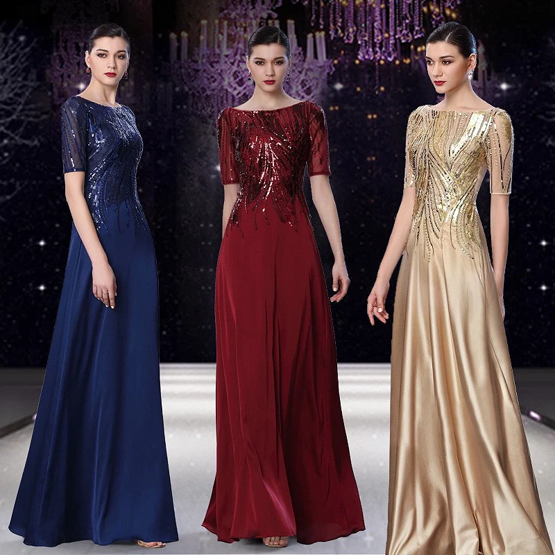 

Royal Blue Burgundy Mother Of The Bride Dress Satin Half Sleeve Illusion O Neck Sequin Pattern Wedding Guest Evening Prom Gowns