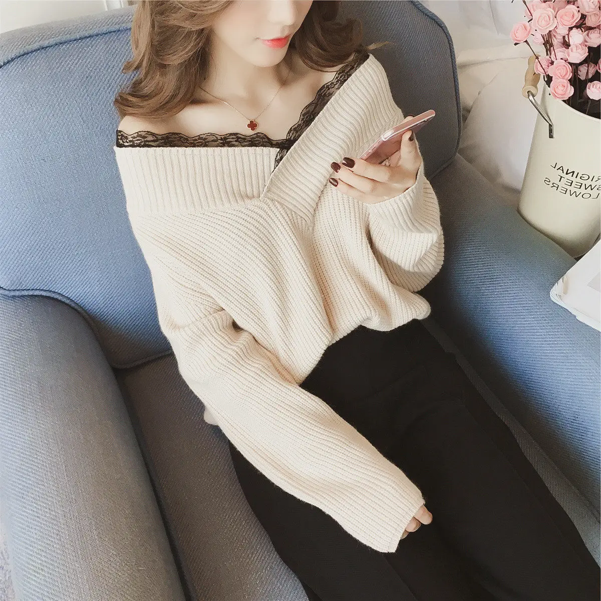 

V-neck Knitted Sweater Women One Size Autumn Clothes Women 2019 Korean Pullover Female