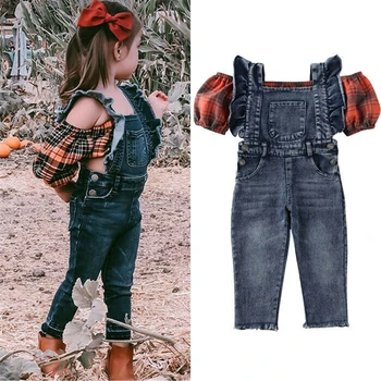 

Fashion Kids Baby Girl Clothes Plaid Off Shoulder Puff Sleeve Crop Top Denim Overalls Suspender Pants 1-6Y Outfit