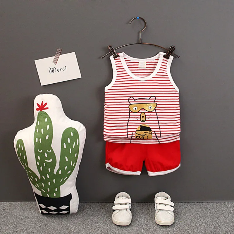 

2Pcs/Set Summer Children Baby Boys Casual Sleeveless Striped Bear Print Vest Tops+Shorts Suits