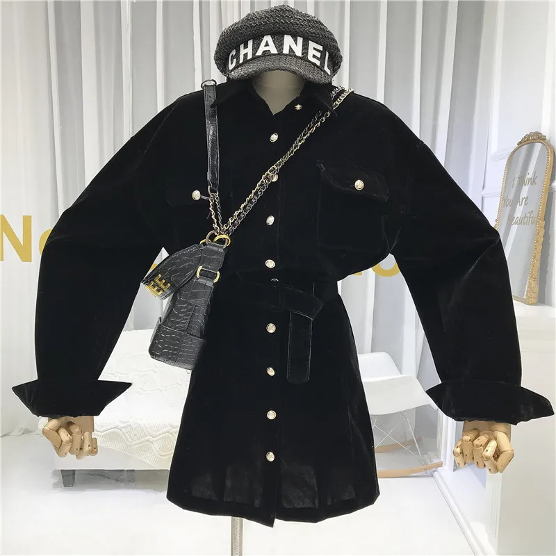ALPHALMODA Autumn and Winter New Style Velvet Shirt Dress Women's Turn-dow Collar Pocket Single Breasted Sashes Dress