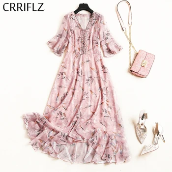 

Ruffles Half Sleeve Chiffon Print Dress Women V Neck Drawstring Lace Up Butterfly Sleeve Ladies Medium Long Summer Dress CRRIFLZ