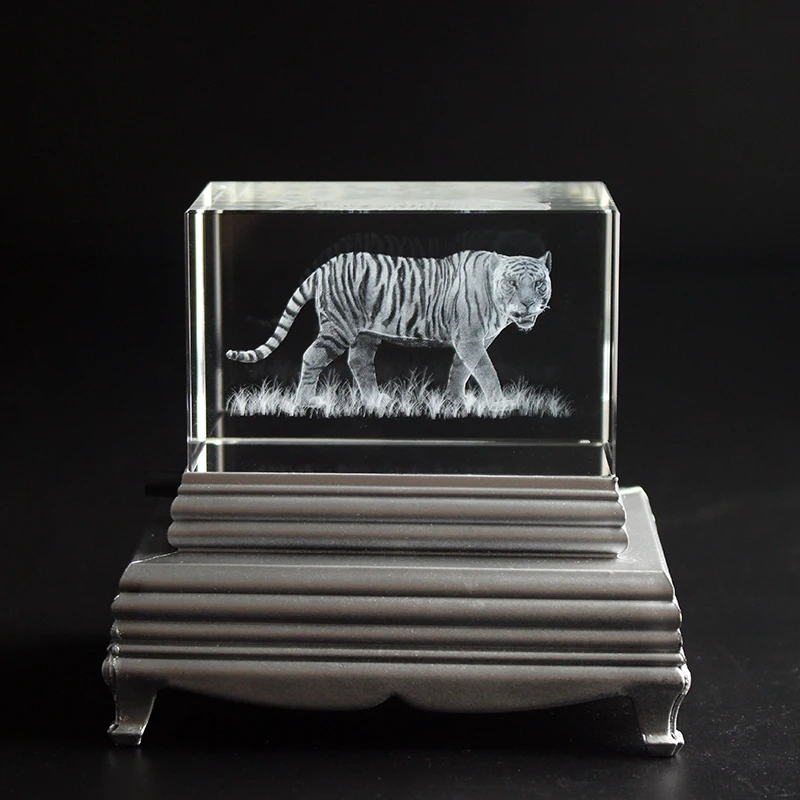 3D Laser Engraved Cube K9 Crystal Tiger Image Sculpture White DIY Souvenir Crafts 3