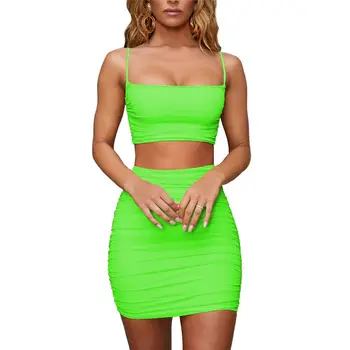 

Neon Green Backless Ruched Dress Two Piece Set Club Outfits Sexy Summer Spaghetti Strap Crop Top And Mini Skirt Set