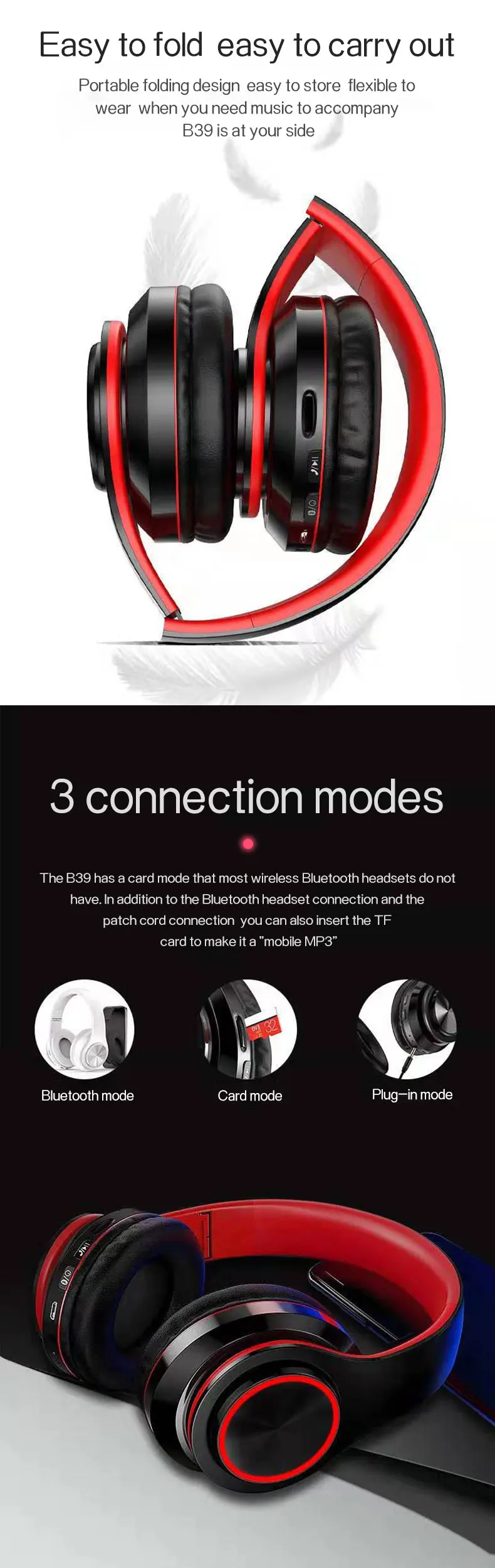 Caridite Hot Sale B3 Bluetooth Headphone Mobile Phone Wireless LED Light Headband Foldable Headset Handsfree Headphone with Mic