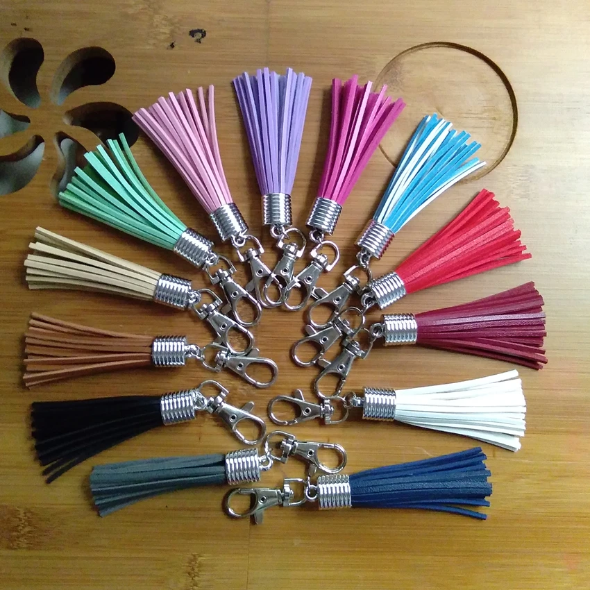 12pcs/lot 12cm Long Leather Tassels Key Chain Silver Lobster Clasp Tassel Shoe Purse Charm 18 Colors Pure Color Pendant | Украшения и