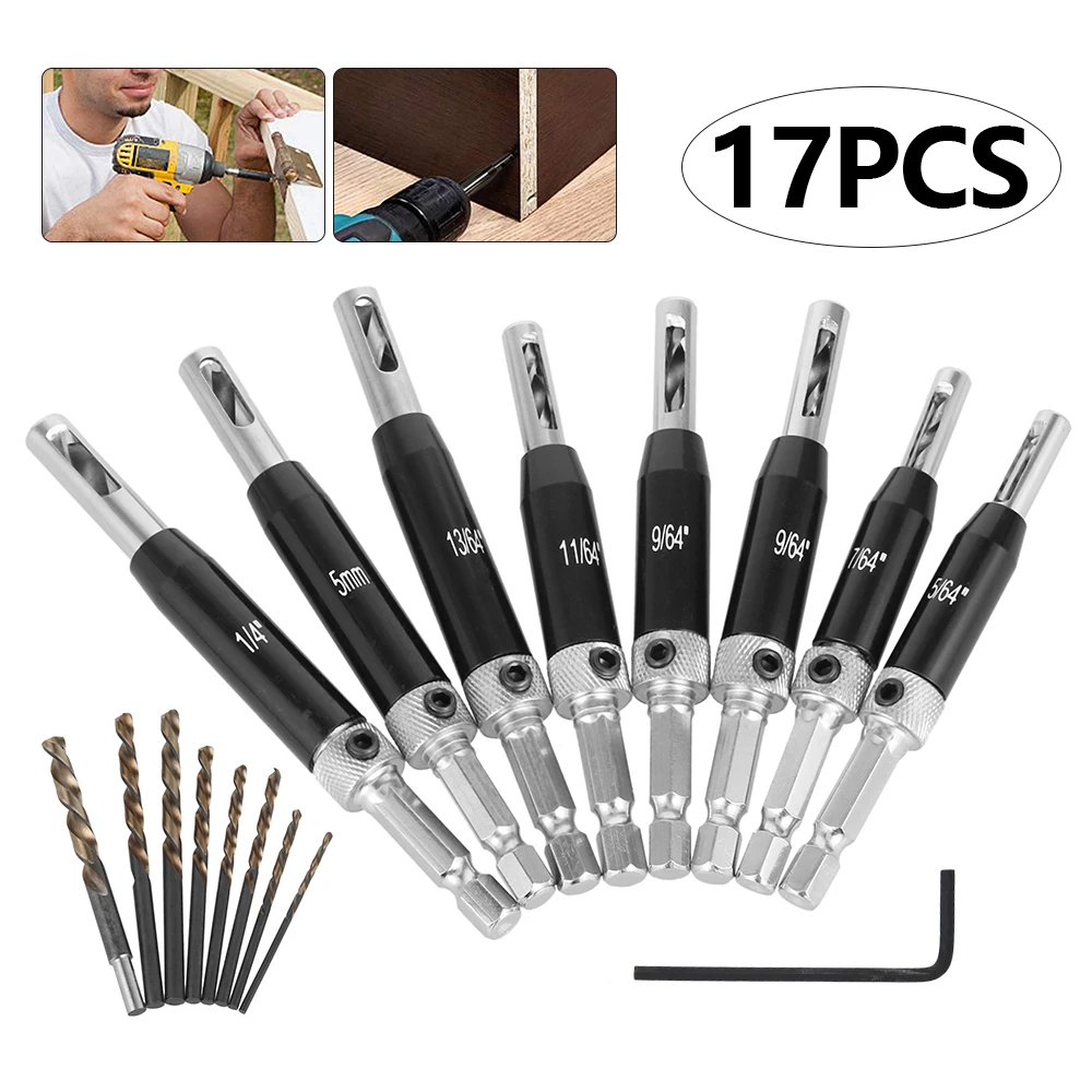 

17pcs Hexagon Shank Hinge Drill Bit Set Lock Hinge Drill Set Hardware Tray Pilot Hole Guides for Woodworking Power Tools