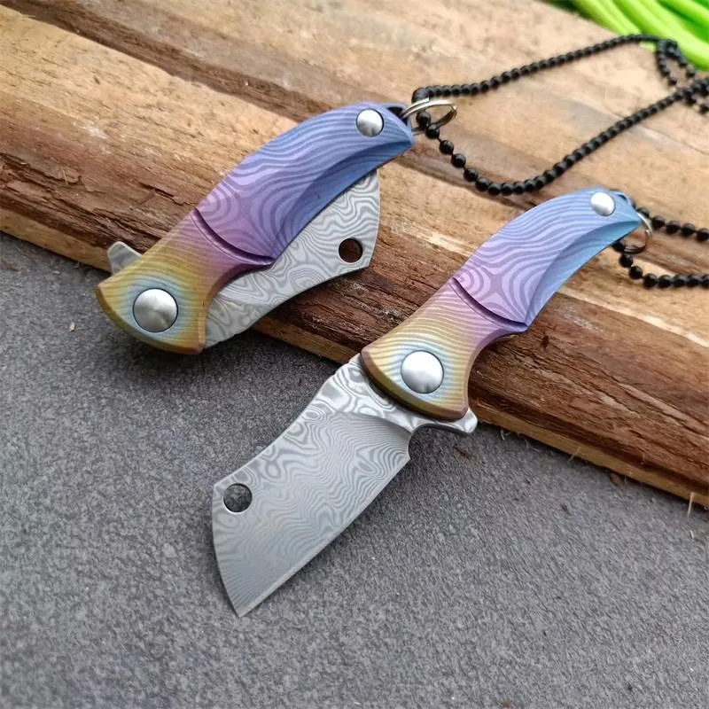 Фото mini Damascus folding knives small Titanium handle key chain ring camping survival pocket knifes flipper gift multi EDC knife |