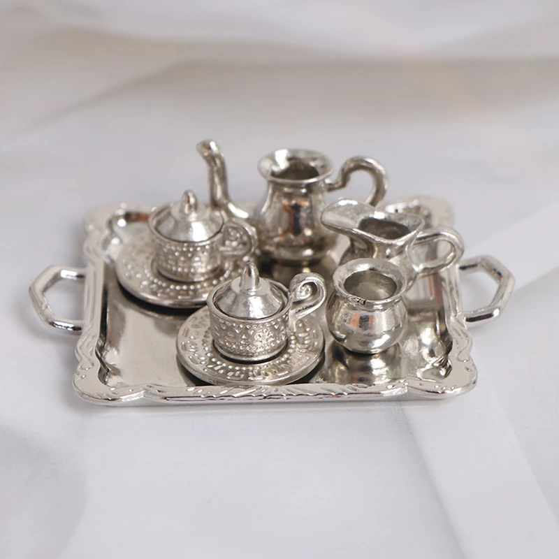 10pcs/set 1/12 Dollhouse Miniature Silver Metal Tea Coffee Tray