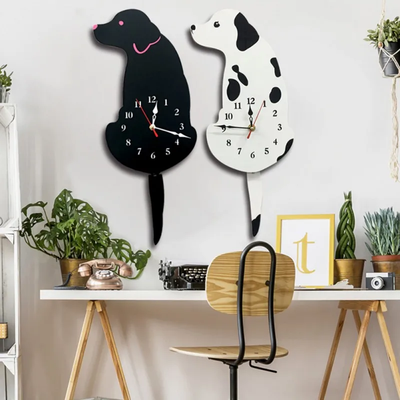 Creative Cute Christmas White/Black Wagging Tail Dog Wall Clock for Household Decorative Wall Clocks