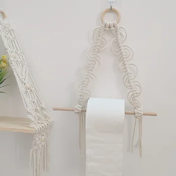 

Wall-mounted Wooden Roll Tissue Towel Holder Bohemian Style Wall Hanger Rail Toilet Paper Rack With Rope For Bedroom Bathroom