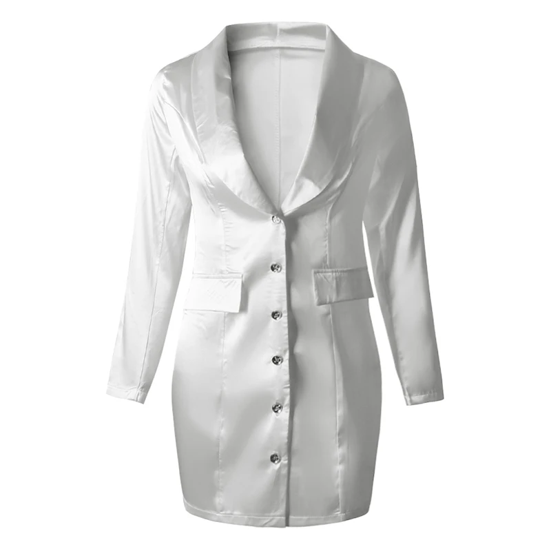 Autumn Fashion Women Suit Dress Notched Lapel Plunge Buttons Long Sleeves Fluorescent Club Party Blazer Casual Mini Dress