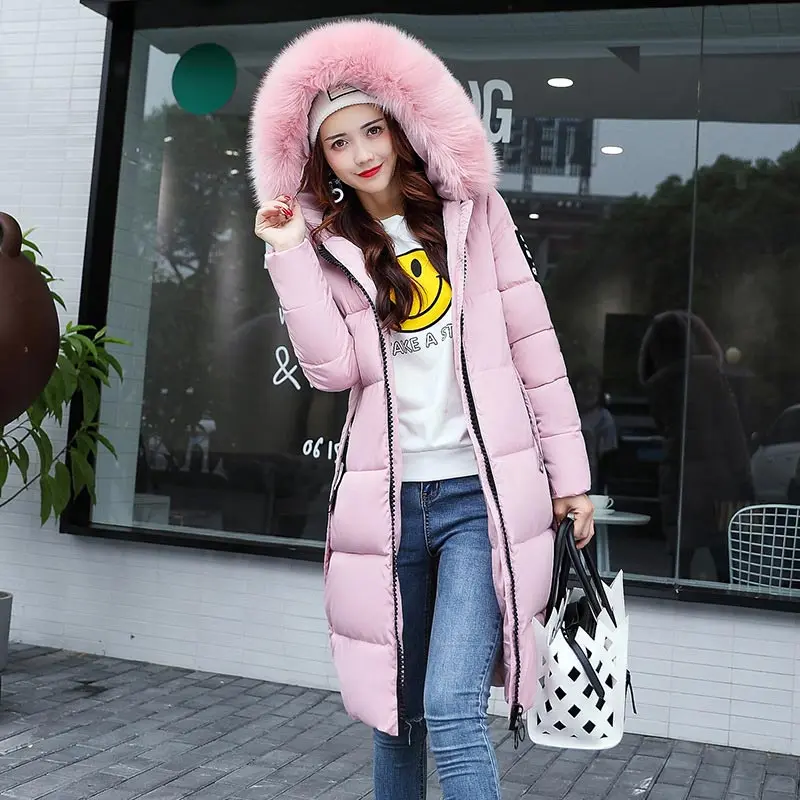 Chaqueta de invierno de alta calidad para mujer, abrigos largos ajustados de color sólido, chaquetas con Cuello de piel con cremallera, 2021
