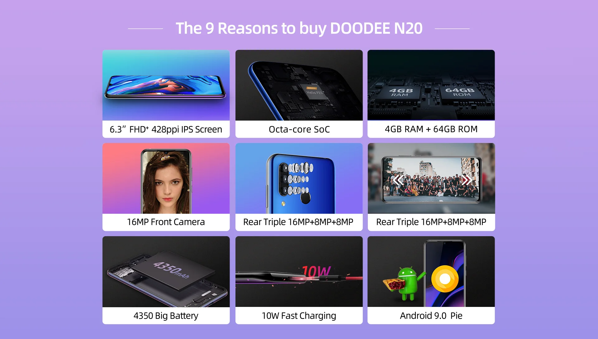 DOOGEE N20 смартфон 4 Гб+ 64 Гб 6,3 ''экран капли воды 16MP+ 16MP+ 8MP+ 8MP Android 9,0 MTK6763V Octa Dual 4G 4350mAh мобильный телефон