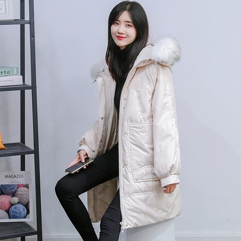 Fashion Winter Down Jacket Women Fox Fur Collar White duck down Coat Female Long Parka Ladies Elegant Outwear Hooded Coat