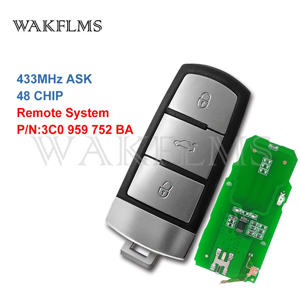 3 Buttons Smart Remote Car Key For Volkswagen (VW) Passat CC Passat Without Smart Key System 433MHz ID48 3C0 959 752 BA