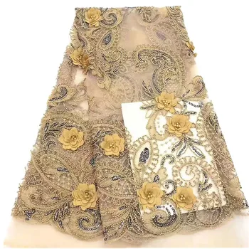 

African Tulle Fabric 3d 2019 Latest Heavy French tulle lace fabric Nigerian Wedding Beaded Mesh Net Flowers Lace Fabric rf11-83