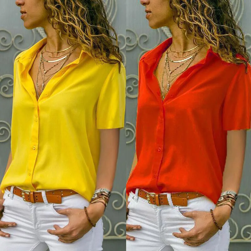 Blusa holgada de oficina para mujer, camisa de manga corta con cuello, Color liso, novedad de verano 2021