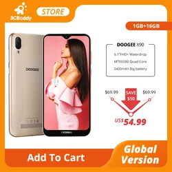 Сотовый телефон DOOGEE X90 6,1 дюйма, 19:9 экран LTPS с технологией Waterdrop, четырехъядерный смартфон, 16 Гб ОЗУ, 3400 мА/ч, две SIM-карты, 8 Мп + 5 Мп, WCDMA, Android Go