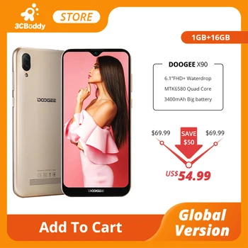 Перейти на Алиэкспресс и купить Сотовый телефон DOOGEE X90 6,1 дюйма, 19:9 экран LTPS с технологией Waterdrop, четырехъядерный смартфон, 16 Гб ОЗУ, 3400 мА/ч, две SIM-карты, 8 Мп + 5 Мп, WCDMA, Android Go