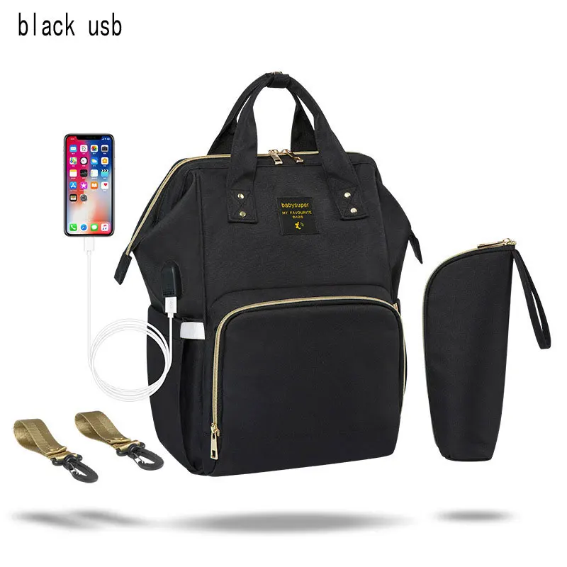 Модная подгузников для мам и водонепроницаемая сумка USB, рюкзак путешествий, Сумка с несколькими карманами кормления ребенка - Цвет: Black usb