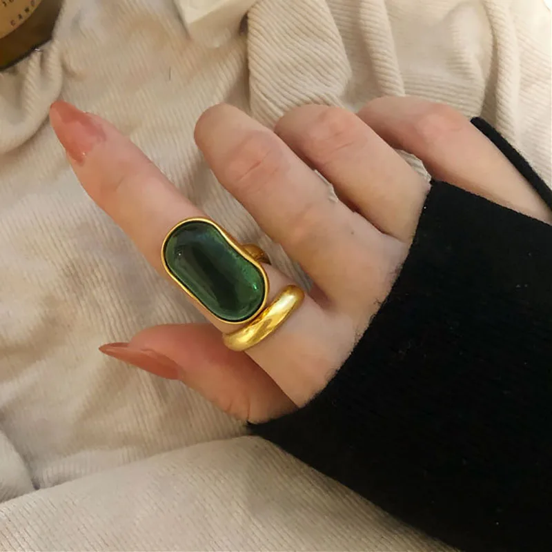 Foxanry Gold Color Wedding Rings Women New Fashion Creative Design Green Stone France Vintage Party Bride Jewelry wedding rings gold rings gold plated rings golden ring