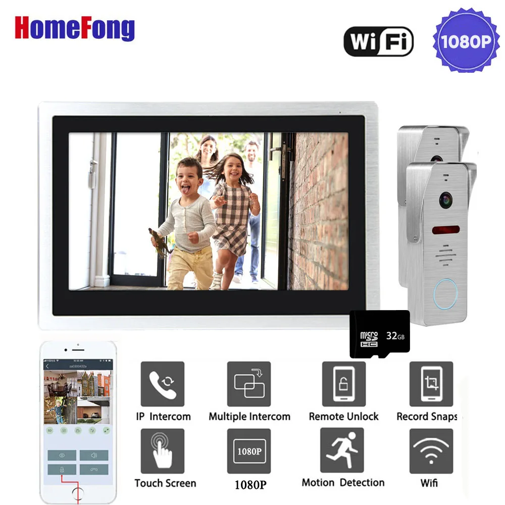 Видеодомофон HomeFong Wi Fi 10 дюймов сенсорный экран 2 камеры запись 1080P|Видеодомофон| |