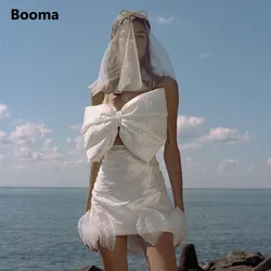 Booma Modern Spaghetti Straps Mini Wedding Dresses Sexy Big Bow Bikini Crop Top Above Knee Bride Dresses Civil Wedding Gowns