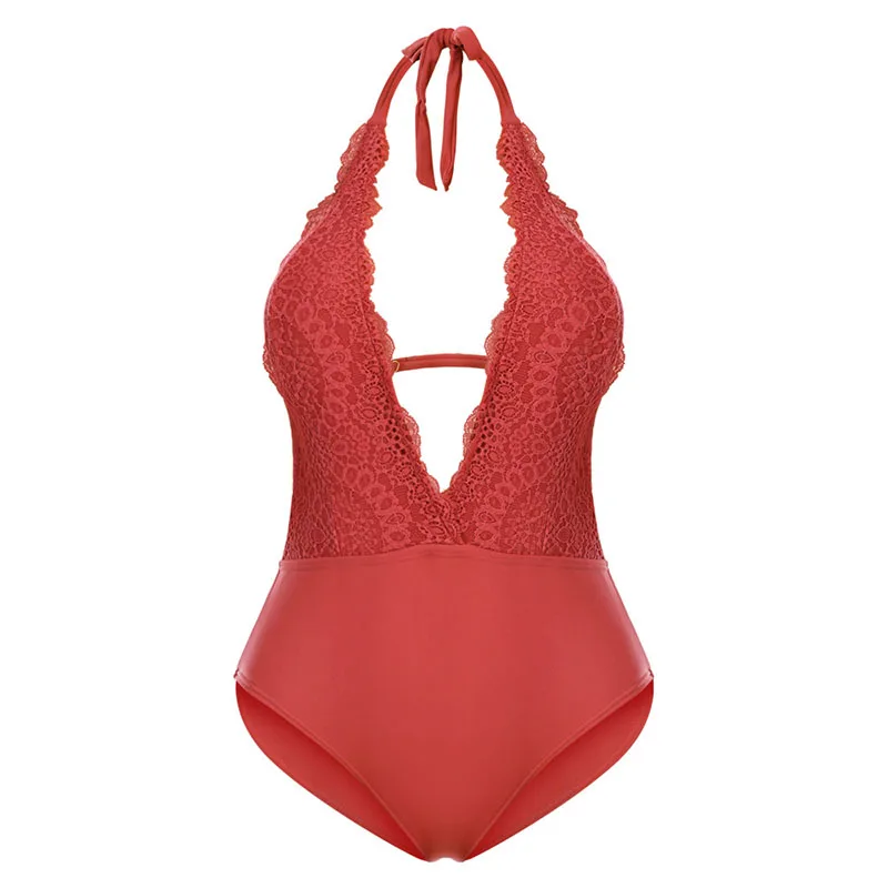 Sanderala Sexy Women's Lace Swimwear Deep V Solid Gathered Printed Bikinis Swimwear Padded Swimming One-piece Halter Swimsuit