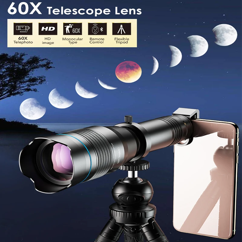 Phone Telephoto Lens 60x Super Telephoto Zoom Phone Lens 36X 28X Powerful Monocular Metal Telescope Mobile telephoto lens for camping Tourism