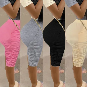 

Cropped trousers fashion bodycon sexy streetwear Pure color summer 2020 Ruffles Pockets Slim Pencil pants / foot pants