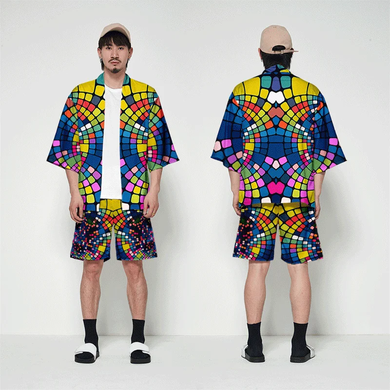 WAMNI японские комплекты кимоно летняя уличная 3D рубашка и шорты Harajuku Кимоно Кардиган для мужчин рукав "летучая мышь" комплект из двух предметов