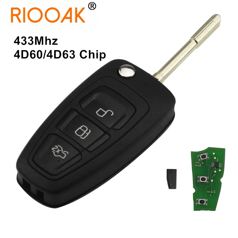 

3-кнопочный откидной дистанционный ключ с чипом 433 МГц 4D60 4D63 для Ford Focus Mk1 Mondeo Transit Connect