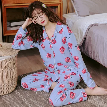 

Home clothes for middle-aged woman spring sexy floral pajamas sets female sleepwear 100% cotton long-sleeve cardigan pyjamas