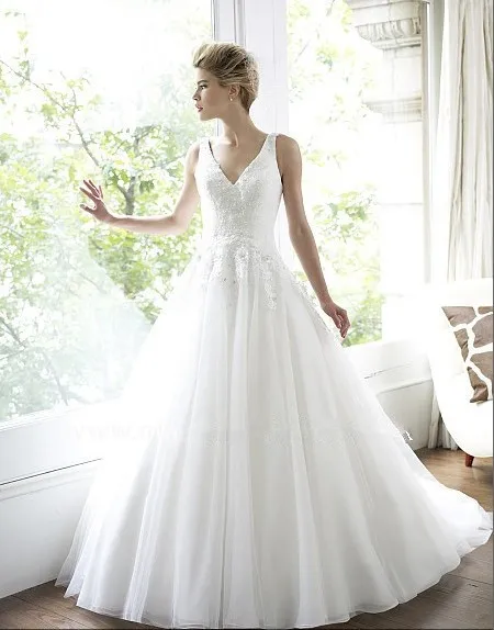 

free shipping ball gown V-neckline illusion deep V-back Lace beading ethereal white vestido de noiva wedding dress bridal gown