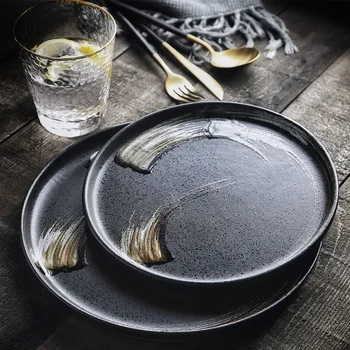 

Japanese Art Ceramic Black Western Steak Plate Modern Kitchen Retro Round 10-inch Dessert Sushi Salad Plate Commercial Tableware