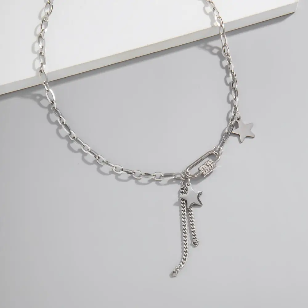 SHIXIN Stainless Steel Chain With Stars/Tassel Pendants Necklace for Women/Men Fashion Rhinestone Necklaces 2020 Korean Jewelry