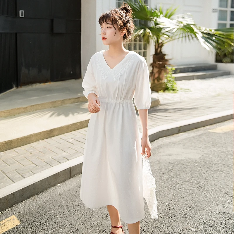 

COIGARSAM Preppy Style Cotton Linen Women dress New Summer Lace Loose Patchwork High Waist Dresses Rice White Mint Green 7925