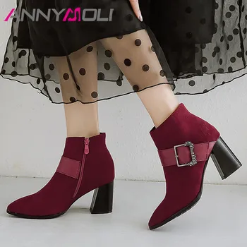 

ANNYMOLI Winter Ankle Boots Women Boots Zipper Block High Heel Short Boots Buckle Pointed Toe Shoes Female Autumn Plus Size 4-12