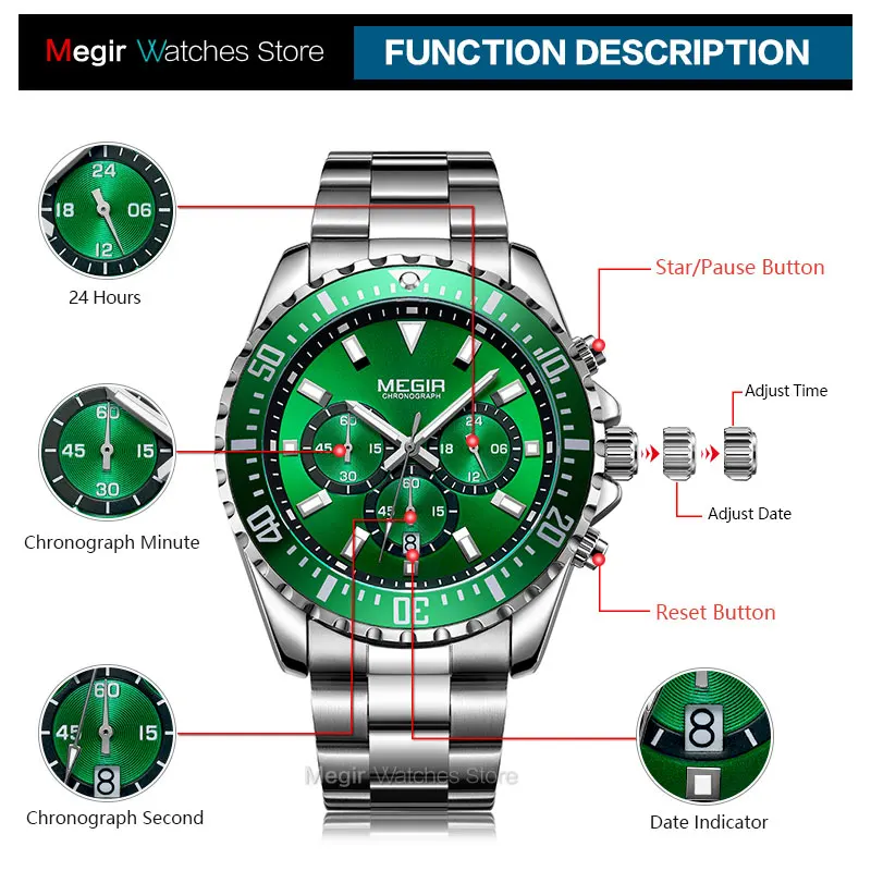MEGIR Men's Stainless Steel Waterproof Chronograph Watch with Luminous Green Dial