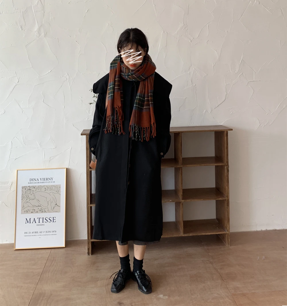 Женское осенне-зимнее винтажное кашемировое длинное пальто с большим отложным воротником, прямое черное пальто, однобортное пальто размера плюс, куртка