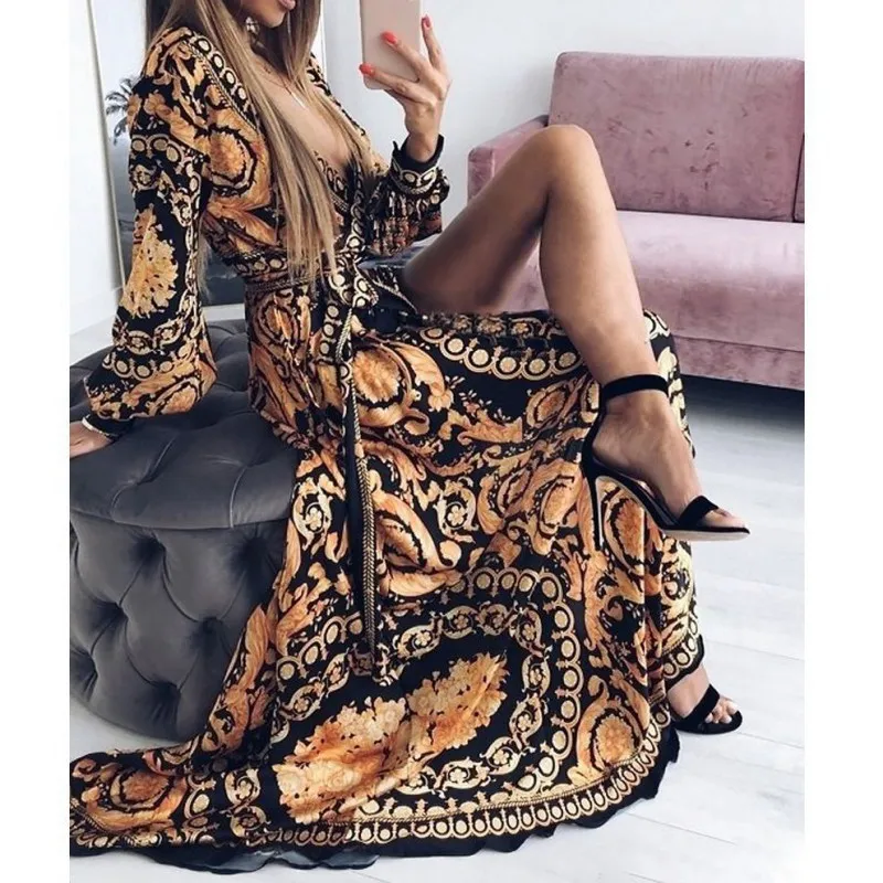 

Women High Split Long Maxi Boho Party Dresses Deep V-Neck Printed Dress Long Sleeve Casual Dress Vestidos