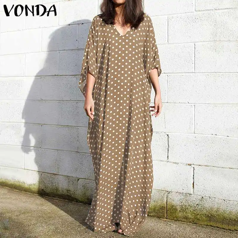 

VONDA Vintage Short Sleeve Long Dress Dot Printed Casual Loose Plus Size Retro Maxi Dresses Women Summer V-neck Beach Sundress