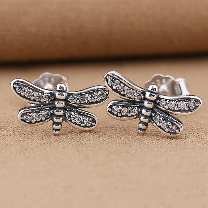 Подлинные 925 пробы серебряные серьги, маленькие сережки стрекоза, сережки-гвоздики с кристаллами для женщин, для свадебной вечеринки, подходят для девушек, хорошее ювелирное изделие