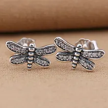 Подлинные 925 пробы серебряные серьги, маленькие сережки стрекоза, сережки-гвоздики с кристаллами для женщин, для свадебной вечеринки, подходят для девушек, хорошее ювелирное изделие