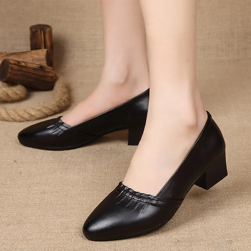 

2019 Spring New Style Shallow Mouth Shoes Genuine Leather Chunky-Heel Semi-high Heeled Pointed-Toe WOMEN'S Shoes Business Formal