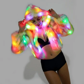 

2019 Autumn Winter New Fake Fur Jacket Color LED Lights Long Sleeve Hooded Faux Fur Coat Jacket Halloween Christmas Party Coats