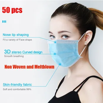

50pcs Non Woven and Meltblown Disposable Face Mask 3 Layers Anti-Pollution Filter Adult Face Mask dust flu gas